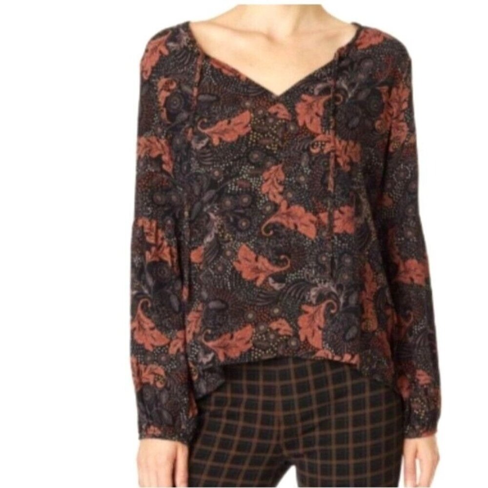 Sanctuary Floral Blouse Choolate Brown Billow Sleeves  Paisley Romantic M